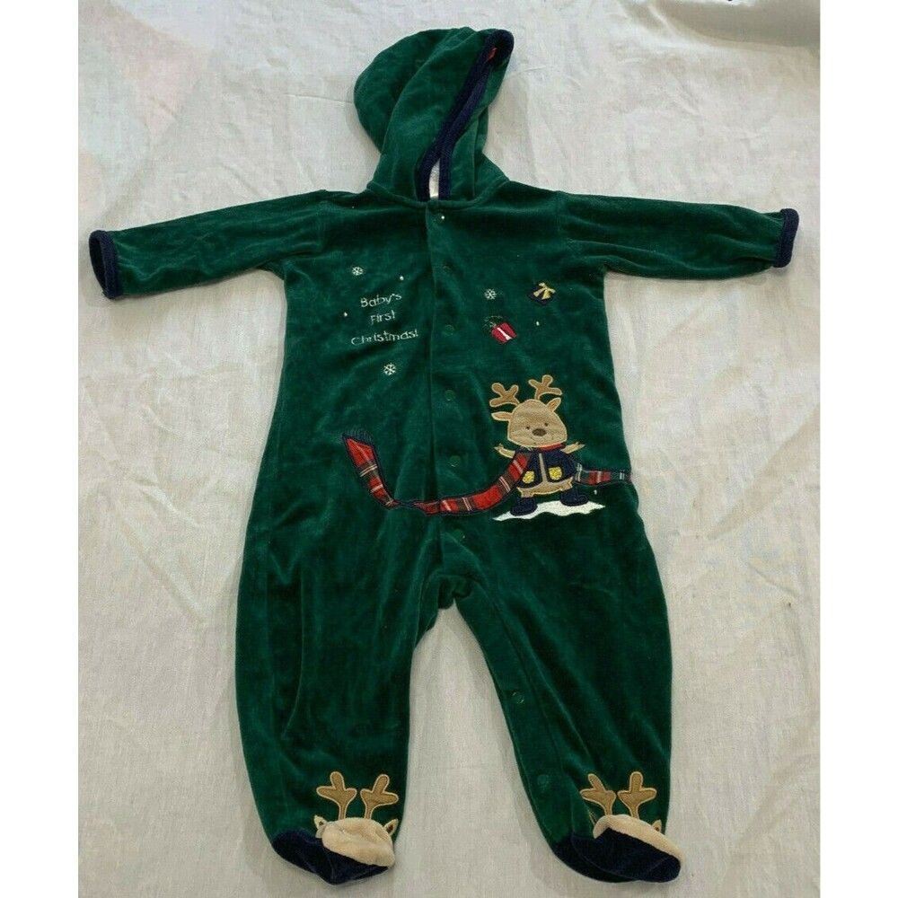 BRIGHT FUTURE BOYS ONE PIECE ROMPER HOODED VELOUR CHRISTMAS OUTFITS SIZE 6-9 MON